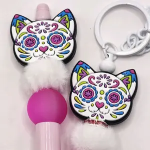SUGAR SKULL KITTY CAT Keychain Purse Charm Beaded Pen Set—cute, unique, and ready to gift!