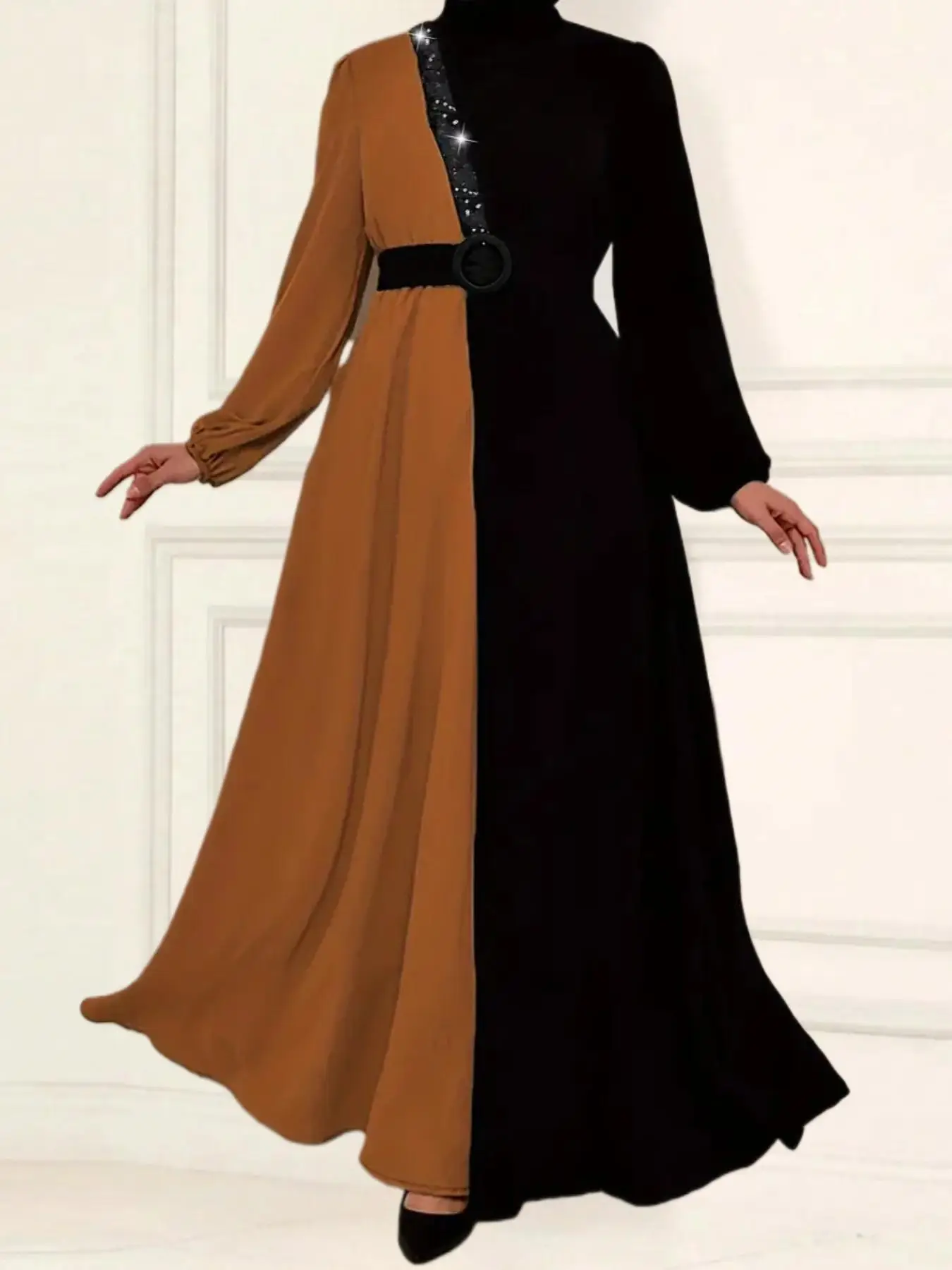 Women's Colorblock Arabian Dress, Modest Round Neck Long Sleeve Dress for Daily Wear, Ladies Clothes for All Seasons