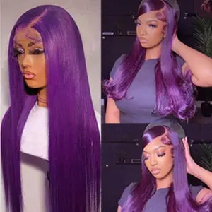 Purple Lace Front Wig 13x4 Long Straight Glueless Dark Purple Wigs Pre Plucked Ready to Wear Wigs Heat Resistant Synthetic Lace Front Wig for Women Natural Hairline