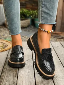 British Style Glossy Leather Loafers, Anti-Slip Durable Chunky Sole, Comfortable Women's Shoes, Versatile Retro Casual Footwear, Rubber Soled Shoes, Walking Shoes