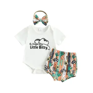 FOCUSNORM Newborn Baby Girl Summer Western Clothes Its Alright to Be Little Bitty Romper Bib Shorts Set 3Pcs Cowgirl Outfits