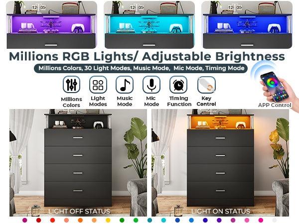 Sikaic 4 Drawers Led Tall Dresser Home Storage Cabinet with Charging Station for Bedroom Closet