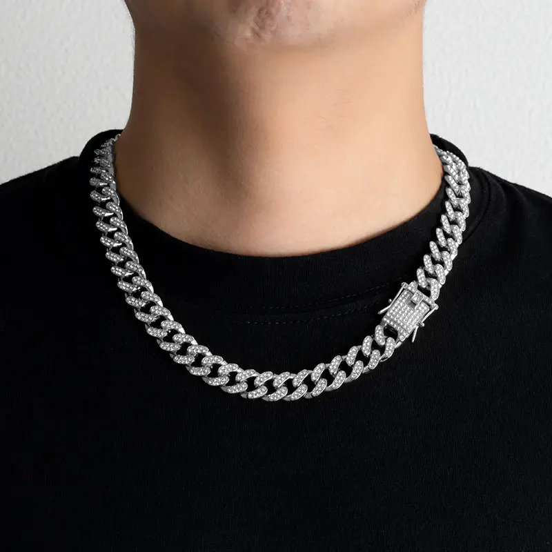 1Pc Hip‑Hop Punk Alloy Cuban Chain Rhinestone Necklace, Unisex Fashion Jewelry, Exaggerated Birthday Gift
