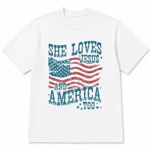 She Loves Jesus and America Too Comfort Colors T-Shirt, Christian Patriotic Graphic Tee, USA Flag Faith Heavy Cotton Shirt, Fourth of July Gift