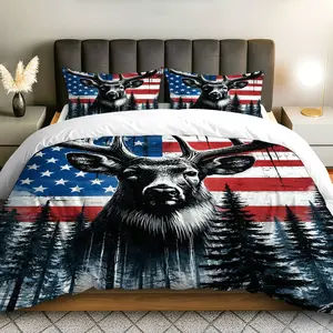 3PCS Duvet Cover Set, 1 Duvet+2 Pillowcases(Without filler), Stag Forest American Flag Rustic theme, Independence Day bedding set, Deer Print Decorative Duvet Cover Suitable for decoration Bedroom, Guest Room, Cabin, Lodge