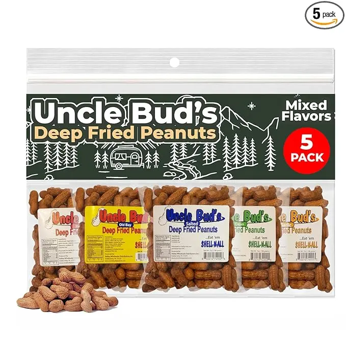 HOT 2025! Uncle Bud's Deep Fried Peanuts In Shell (5 Pack), Peanuts Individual Packs: Salted, Cajun, Garlic, Hot, Old Bay, Bacon BBQ, Crunchy Flavored Peanut Variety Pack, Spicy Peanuts, Hot Peanuts In Shell