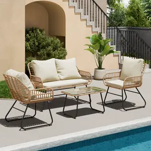4-Piece All-Weather Rattan Outdoor Furniture Ensemble: Loveseat, Chairs & Metal - Topped Table with Cushions for Patio Conversations