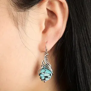 Teardrop Shape Turquoise Design Dangle Earrings Retro Bohemian Style Silvery Plated Jewelry Daily Casual
