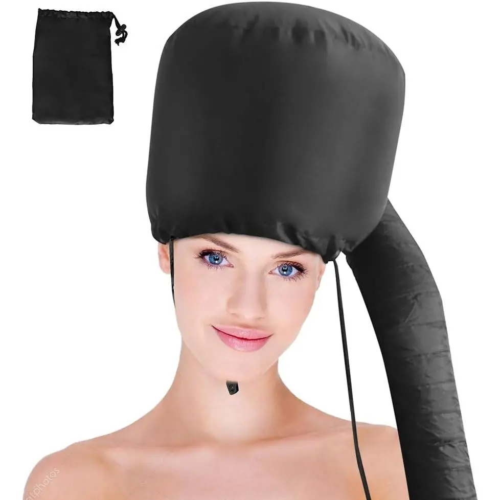 Bonnet Hood Hairdryer Attachment - Upgraded Hair Dryer Bonnet with Chin Strap and Longer Extended Hose More Easy to Enjoy Styling, Curling and Hair Deep Conditioning, Free Carrying Case Hooded Dryer. Black