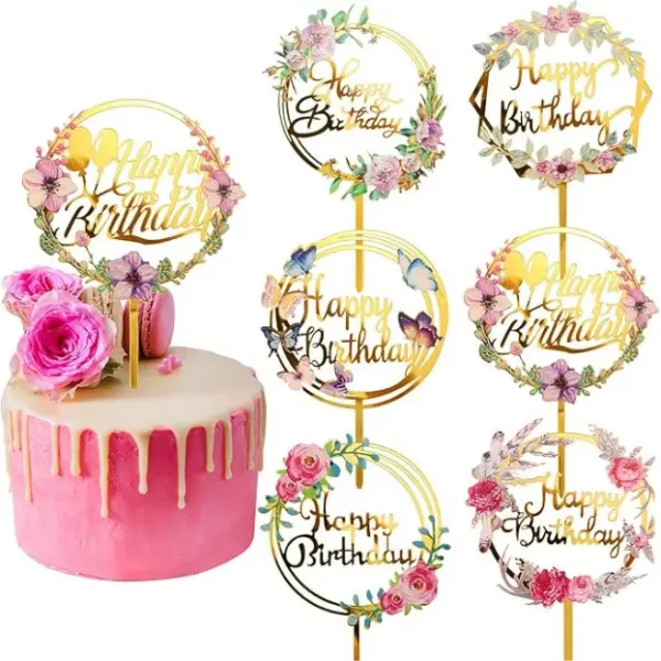 6-Piece Durable Gold Flower Acrylic Cake Toppers, Butterfly-Design Decor for Women's Birthday Parties, Weddings & Anniversary Pastries