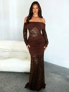 Elegant Women's Off-Shoulder Lace Long Tailored Dress, Slim Fit, Perfect for Parties and Special Occasions, Stylish and Chic Design, Elegant Evening Gown, Formal Party Wear