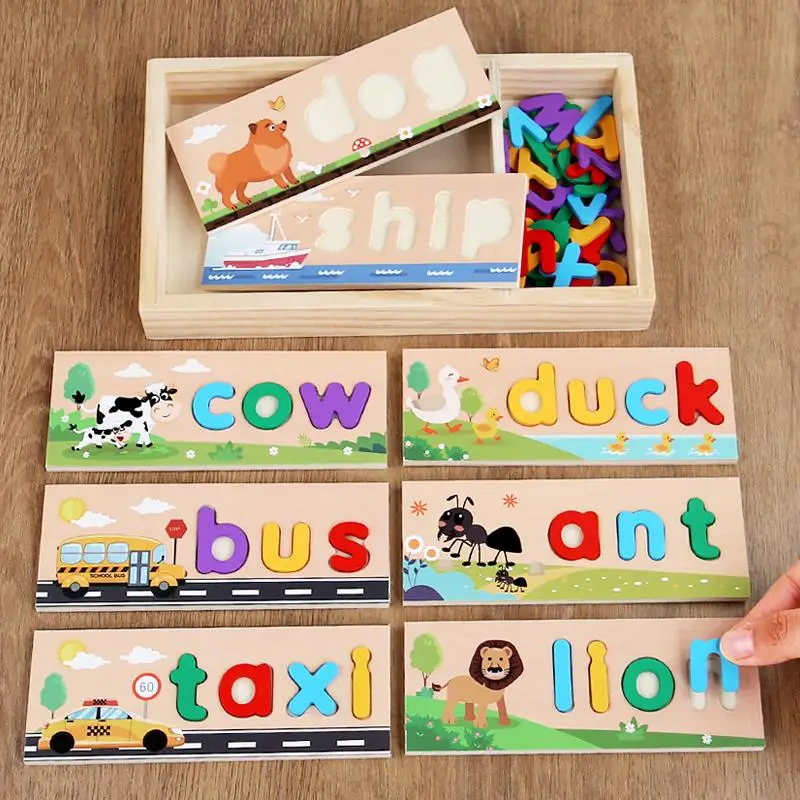 Wooden Spelling Game, 60pcs/set Alphabet & Number & Transportation Pattern Puzzle, Early Education Learning Toy for Kids
