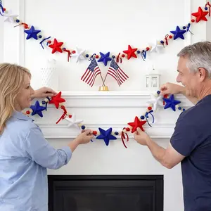 4.92ft Patriotic Velvet Star Garland 4th of July Decoration with Wooden Beads, White Red Blue USA Home Decor for Memorial Day Independence Day, Farmhouse & Rustic Courtyard  Party Fireplace Mantel Wall Window Display American Summer Decor