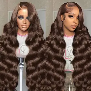 34 Inch Chocolate Brown Lace Front Wig 180 Density 13x6 HD Body Wave Lace Front Wigs Human Hair Pre Plucked Colored Frontal Glueless Brown Human Hair Wig for Women with Baby Hair 4#