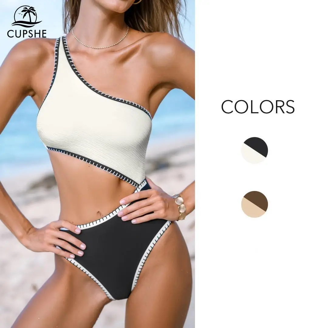 CUPSHE Colorblock Shell Stitched Monokini Casual Summer Beachwear Removable Soft Cups Swimwear Modest One Piece Swimsuit One Shoulder Bathing Suits