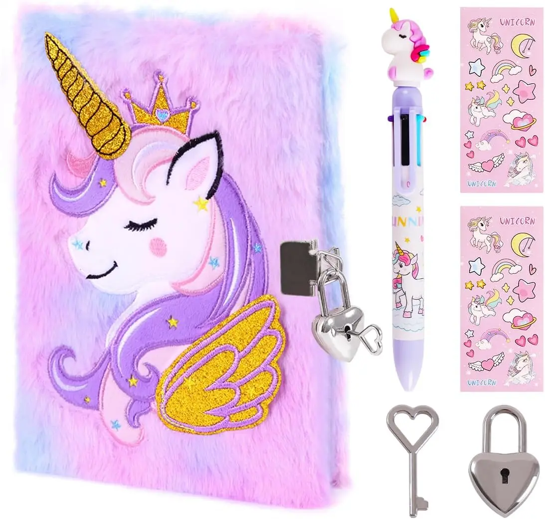Halloween Fall Gift Cutesy Aesthetic Unicorn Locked Diary for Girls, Fluffy Plush Journal Notebook Set with Stickers, Secret Writing & Drawing Office Stationery Gift for 6-8 Year Olds, Fantasy Aesthetic