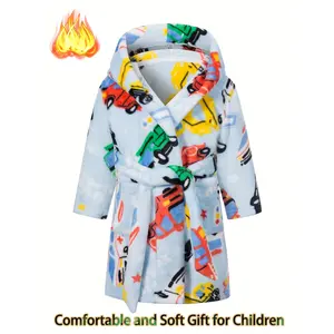 Kids' Soft Flannel Hooded Bathrobe with Pockets - Long Sleeve Machine-Washable Winter Robe for Boys & Girls 2-11 Years, Cozy Casual Sleepwear & Holiday Gift with Random Print Design, Kids Bath Robe