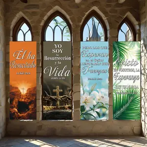 4 Pcs Religious Banners, Polyester Material Easter religious vertical hanging banners set with empty tomb cross crown of thorns lily palm print scripture lettering for church sanctuary home prayer space wall decor holiday faith scene arrangement