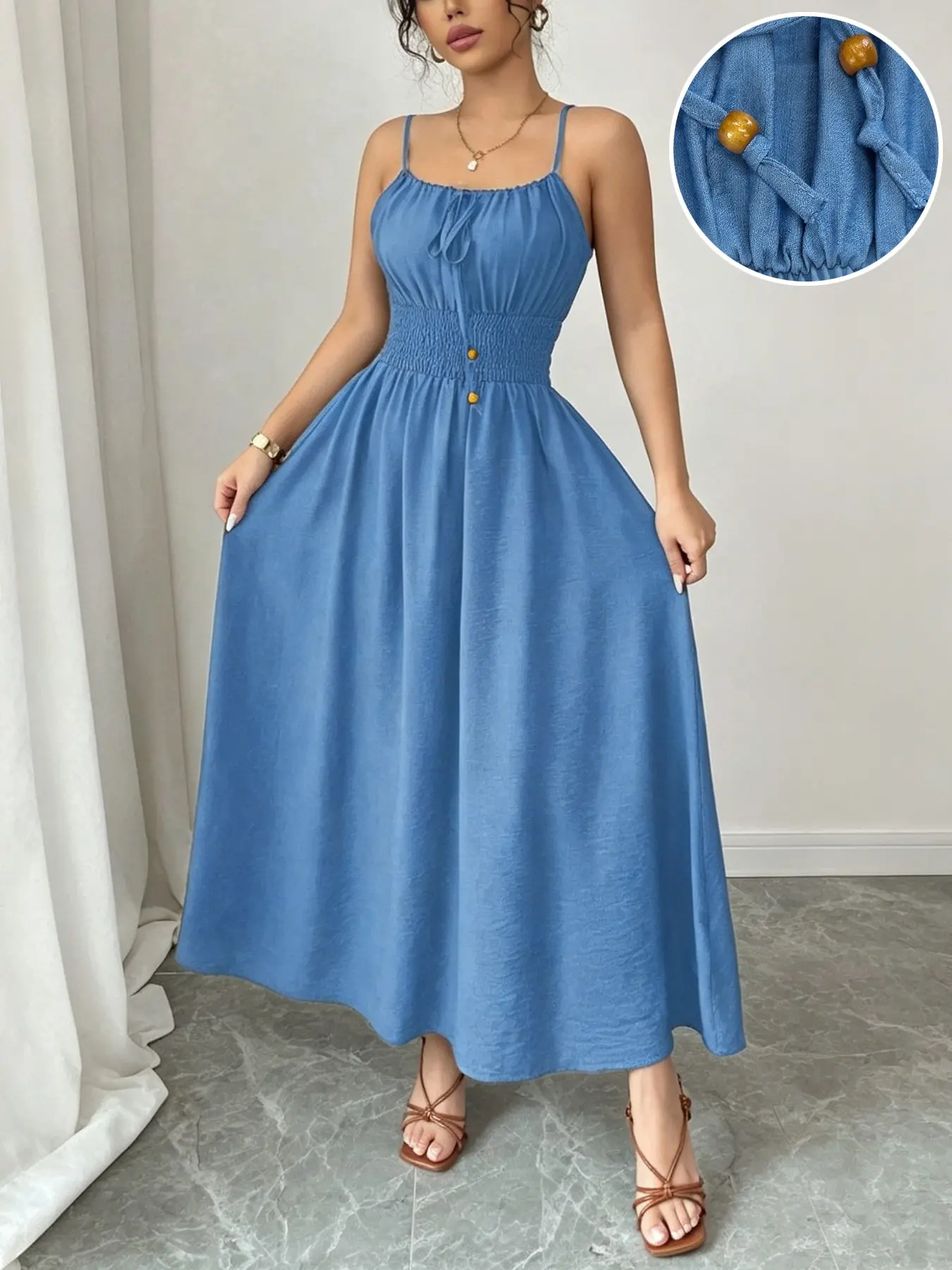 1 Piece Design Adjustable Drawstring Bead Smocked Cami Sleeveless Maxi Dress, Women Summer Vacation Style Casual Flowy Chic Beachwear Sundress