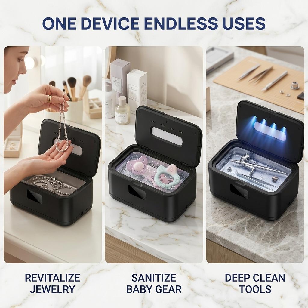 Professional Ultrasonic Cleaner: 360° Deep Cleaning for Jewelry, Glasses, Dentures & Coins. Compact Sonic Jewelry Cleaner for Rings, Silver & Gold - High Frequency Cleaning Technology. #SummerVibes Professional Ultrasonic Cleaner: 360° Deep Cleaning for Jewelry, Glasses, Dentures & Coins. Compact Sonic Jewelry Cleaner for Rings, Silver & Gold - High Frequency Cleaning Technology. #SummerVibes