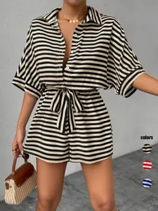 Women's Striped Batwing Sleeve Jumpsuit Romper, Front Button Casual Tie Waist Overall, No Pocket, Summer Travel Daily Wear