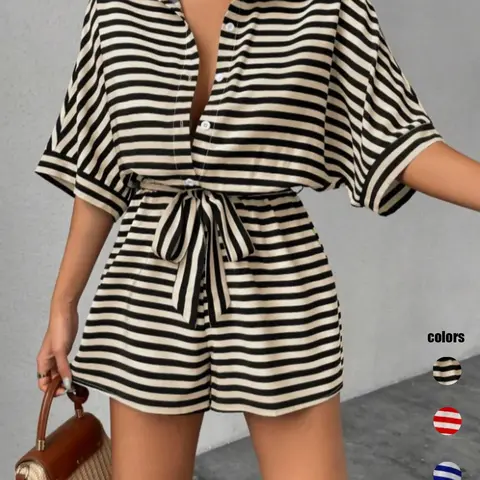Women's Striped Batwing Sleeve Jumpsuit Fitted with Front Button, Adjustable Waist Tie, Lapel Collar, Casual Style, Perfect for Beach, Vacation, Daily Commute, Party