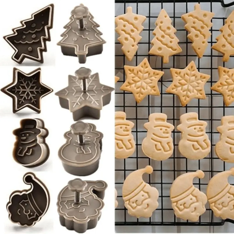 4pcs Durable Plastic Christmas Cookie Cutter Bakeware Set - Snowman, Snowflake, Christmas Tree, Santa Claus Molds - Easy-to-Use Pastry & Cake Baking Utensils for Holiday Baking, Festive Touch