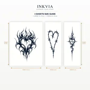 INKVIA 3 Sheets Semi-Permanent Tattoo Stickers, Dark Gothic Heart Temporary Tattoos, 1 Large + 2 Small Designs, Festival Party Body Art