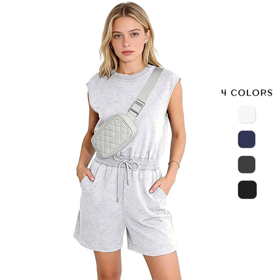 Women's Lightgrey Chic Cotton Breathable Minimalist Basic Casual Jumpsuit - Round Neck, Crew Neck, Cap Sleeve, Sleeveless, Fitted Drawstring Waist, Open Back, Pocketed 1-Piece Romper Outfit (Cold Wash Safe)