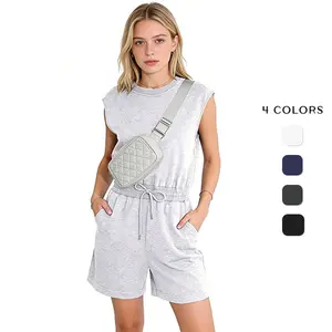 Women's Lightgrey Minimalist Basic Casual Jumpsuit - Round Neck, Cap Sleeve, Sleeveless, Fitted Drawstring Waist, Open Back, Pocketed 1-Piece Romper Outfit
