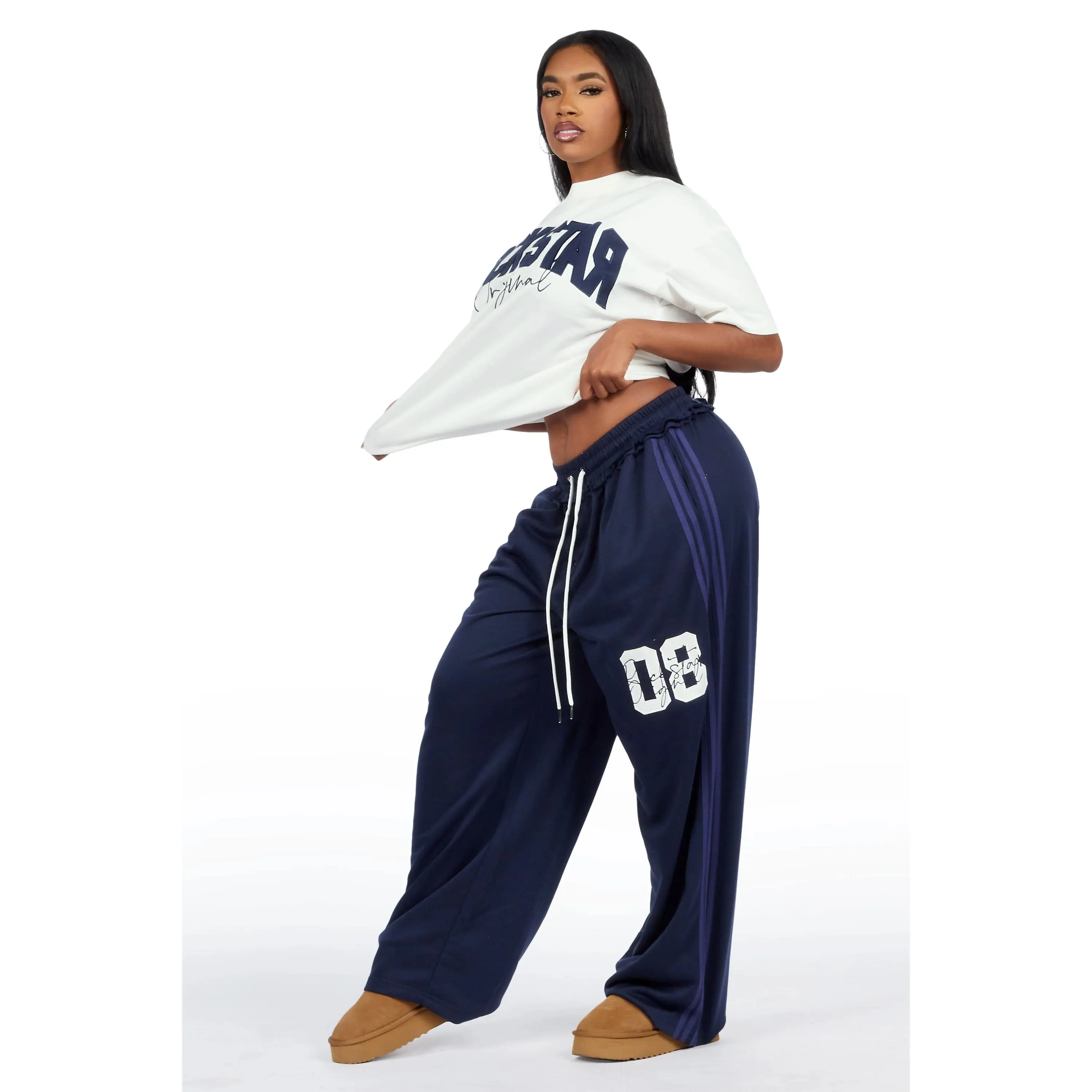 Cheyane White/Navy French Terry Chenille Tee/ French Terry Relaxed Track Set