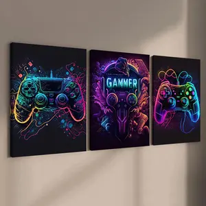 Game Console Neon Pattern Canvas Painting with Frame, 3 Counts/set Creative Wall Art Poster, Wall Art Decor for Home Living Room Bedroom Office, Valentine's Day Gift