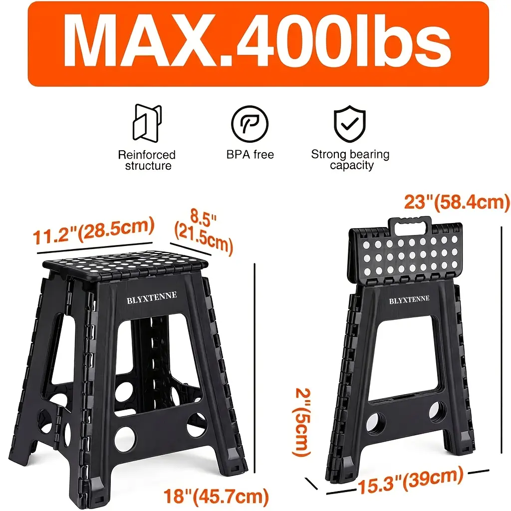 BLYXTENNE 18" Folding Step Stool with Handle - Black and White Portable Collapsible Small Plastic Stool for Adults, Ideal for Kitchen, Bathroom, Christmas Gift
