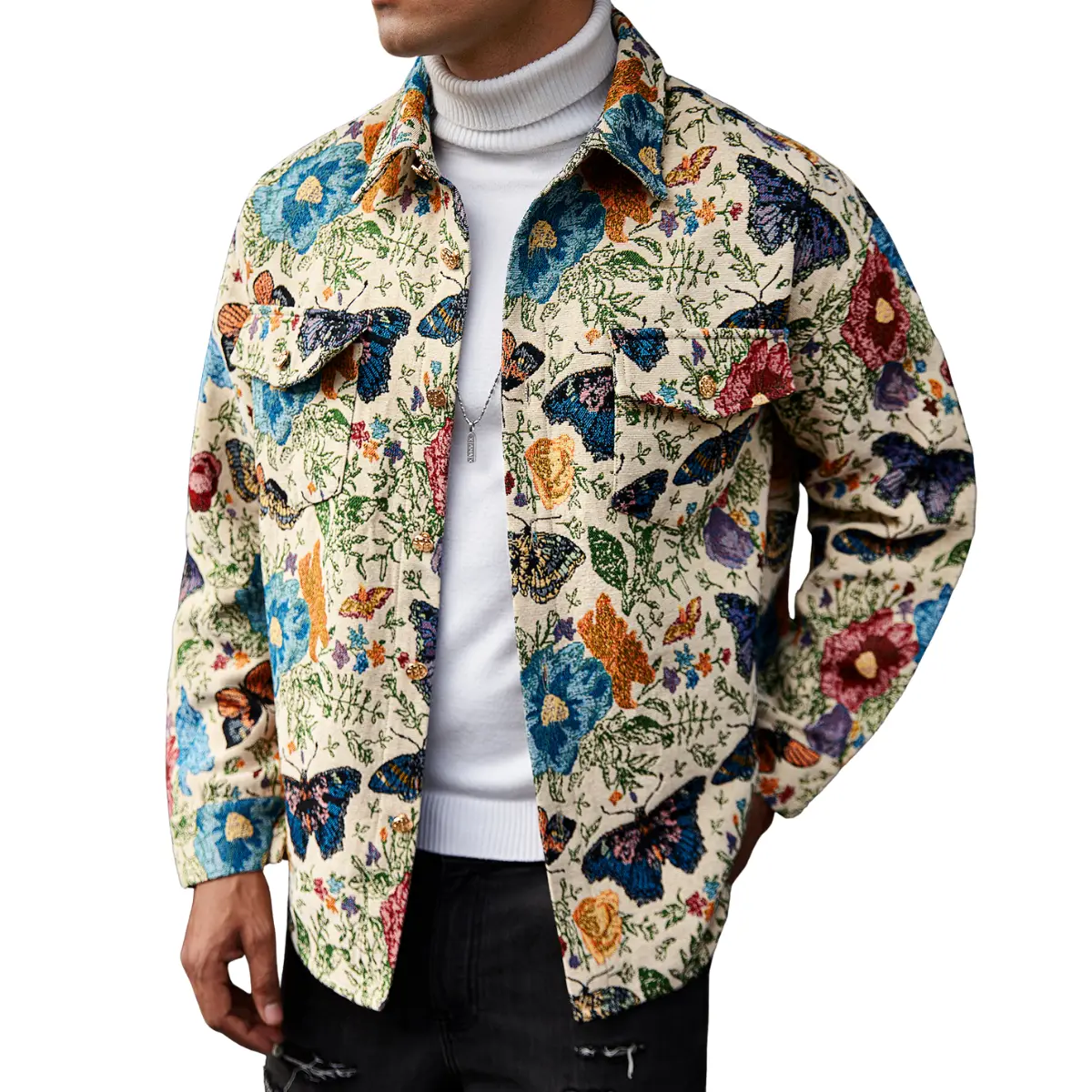 Men's Butterfly Floral Overshirt - Vintage-Inspired Polyester Casual Layering Menswear Top, Versatile Outerwear for Daily Wear Paired with Casual Shorts, Retro Style, Layering Piece, Playful Butterfly & Floral, Vintage-Inspired Casual Layering