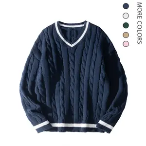 #Springfresh Men's thick and warm knitted sweater in autumn and winter style casual and fashionable, loose and easy to match with polyester material, V neck striped top, street wear, oversized knitted men's shirt, fashionable fabric, college style, unisex