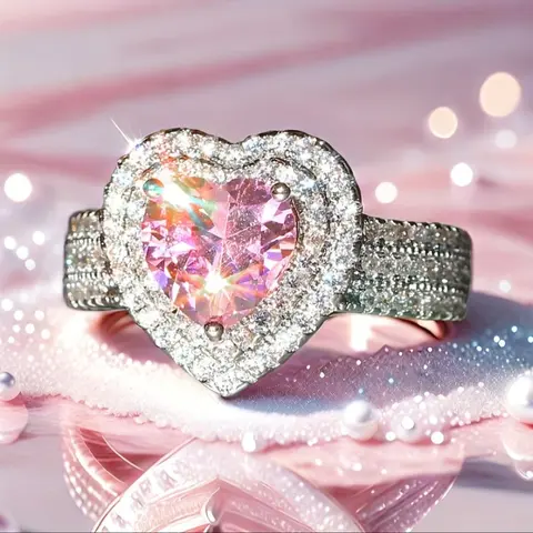 gorgeous Luxury Pink Heart Shaped Zirconia Ring Romantic Anniversary Gift Sparkly Delicate Wedding Engagement Jewelry Accessories For Women