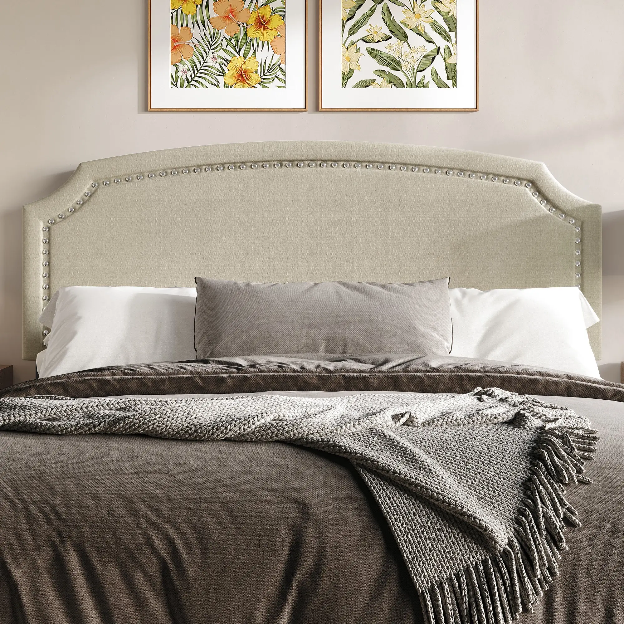 Favorer Bowie Fabric Wall Headboard - Beige Upholstered Headboard with Adjustable Height, Nailhead Trim, Easy Assembly, Fabric Wall Headboards