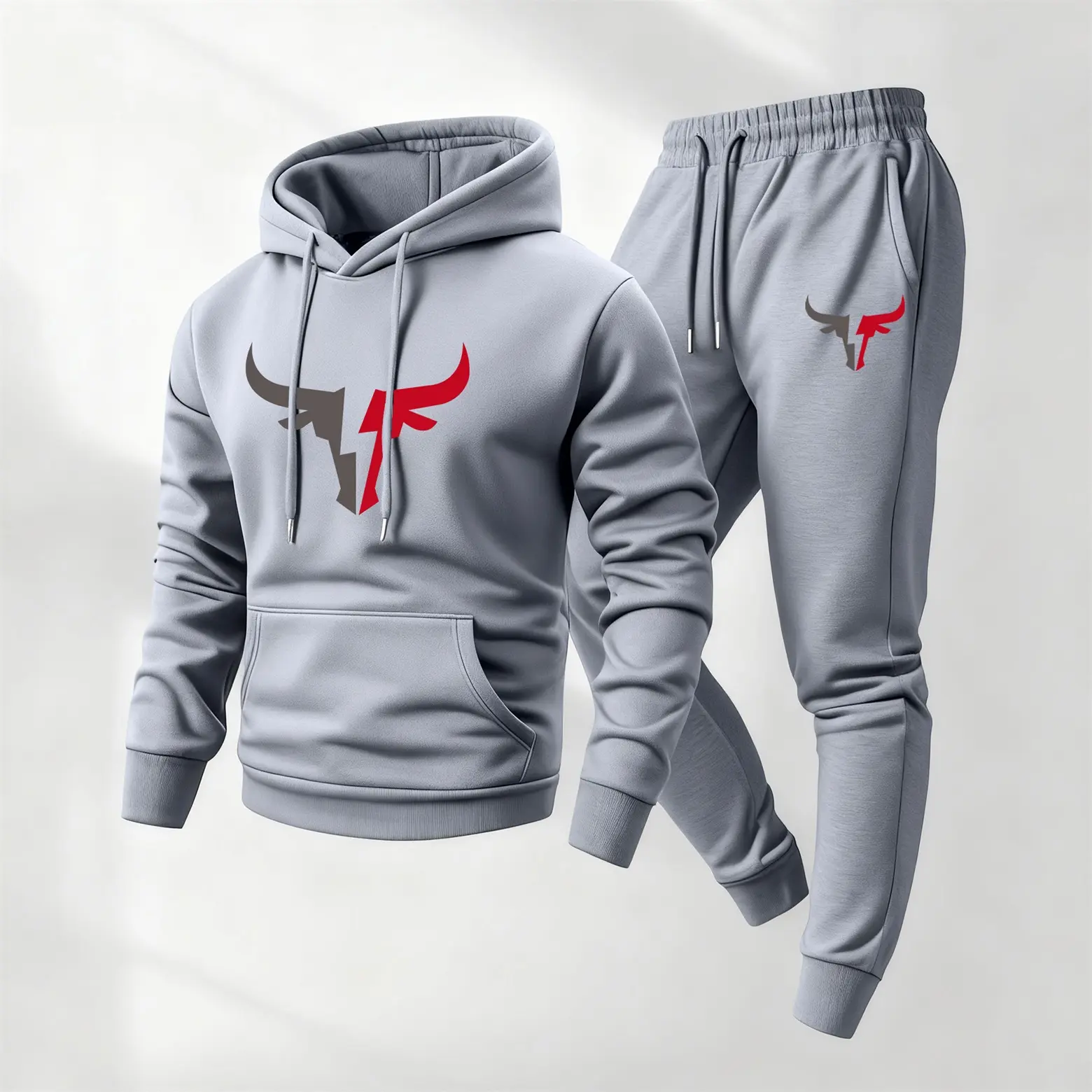 Men's Casual Bull Print Hoodie and Jogger Set, 2-Piece Polyester Lounge Tracksuit for Athleisure and Gym Wear, Athleisure Activewear Set, Hoodie Jogger Set