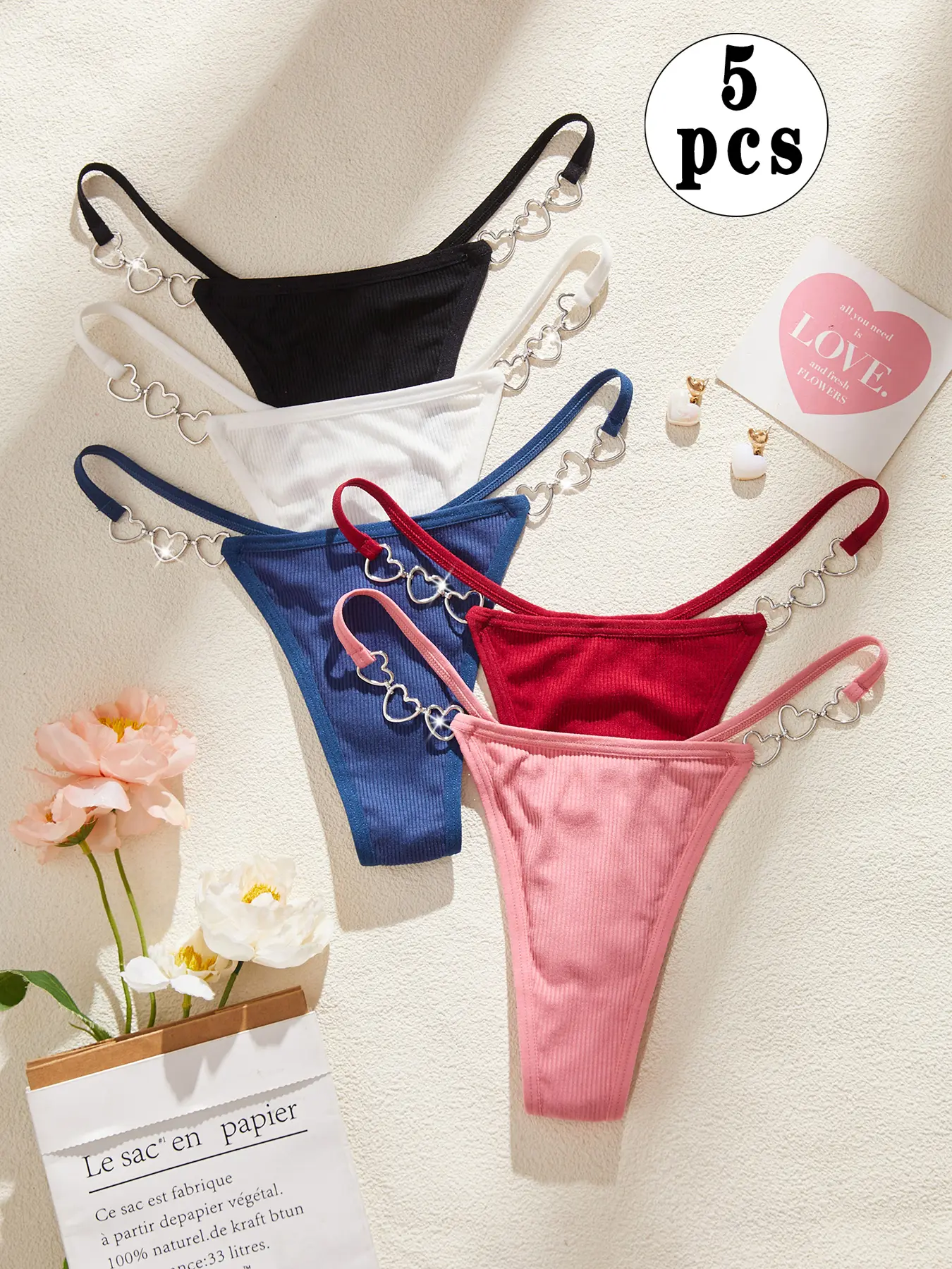 5pcs Elegant Heart-Shaped Metal Ring Chain Low Waist Thong Panties, Sweet Sexy Sporty Ribbed Style, Breathable Fabric, All Seasons Daily Wear Womenswear, Fit, Underwear