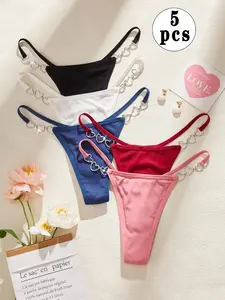 5pcs Elegant Heart-Shaped Metal Ring Chain Low Waist Thong Panties, Sweet Sexy Sporty Ribbed Style, All Seasons Daily Wear