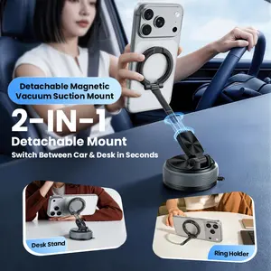 2026 New 2-in-1 Magnetic MagSafe Car Phone Mount - Detachable Base for Leather, Plastic, Smooth Surfaces, Powerful Vacuum Suction Cup, 360-Degree Rotation, 1-Touch Locking, Compatible with iPhone, Android