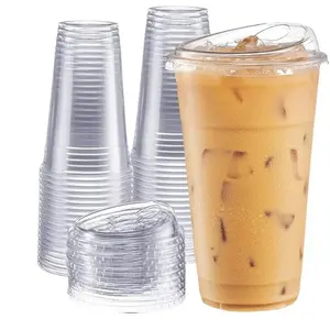 100 Pack 16oz - 24 oz Clear Plastic Cups with Sip Lids, Sturdy & Food Safe Iced Coffee Cups, Smoothie Cups for Cold Drinks Disposable Thick