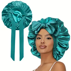 Double Layered Satin Bonnet Adjustable Silk Bonnet for Sleeping Hair Bonnet for Curly Hair with Elastic Tie Band for Women Heatless Haircare Smooth Black&Pink