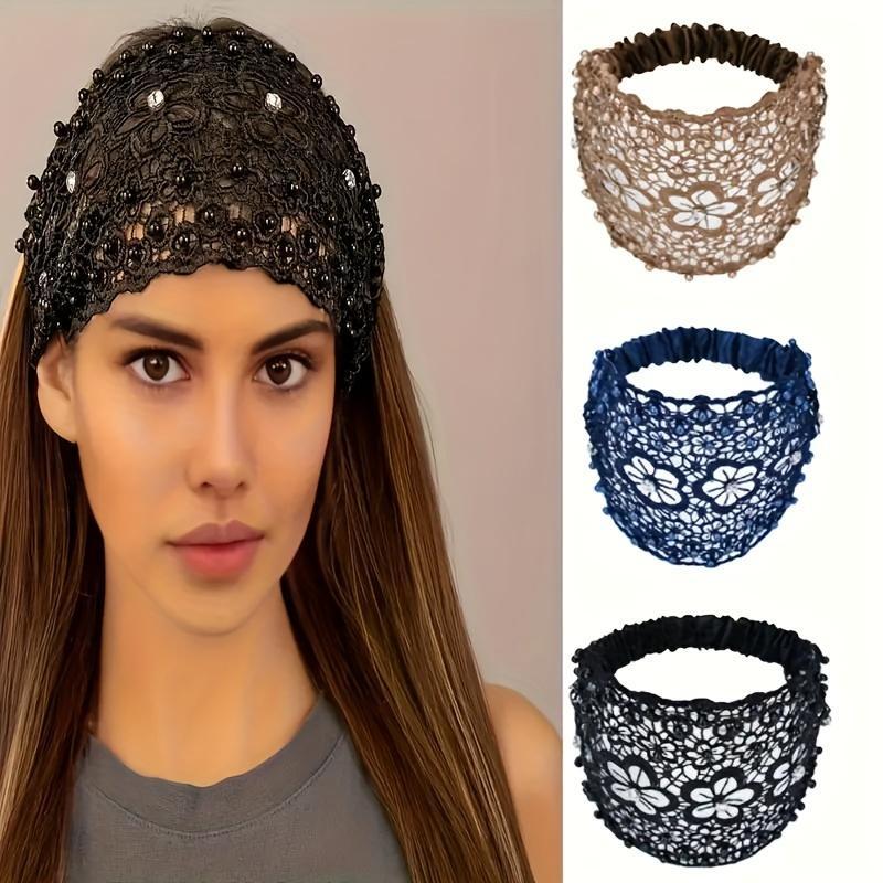 Cubidupi 3pcs Set Boho-chic Crystal & Pearl Embellished Wide Headbands for Women – Luxury Hair Accessories, Ideal for Weddings, Vacations & Daily Styling