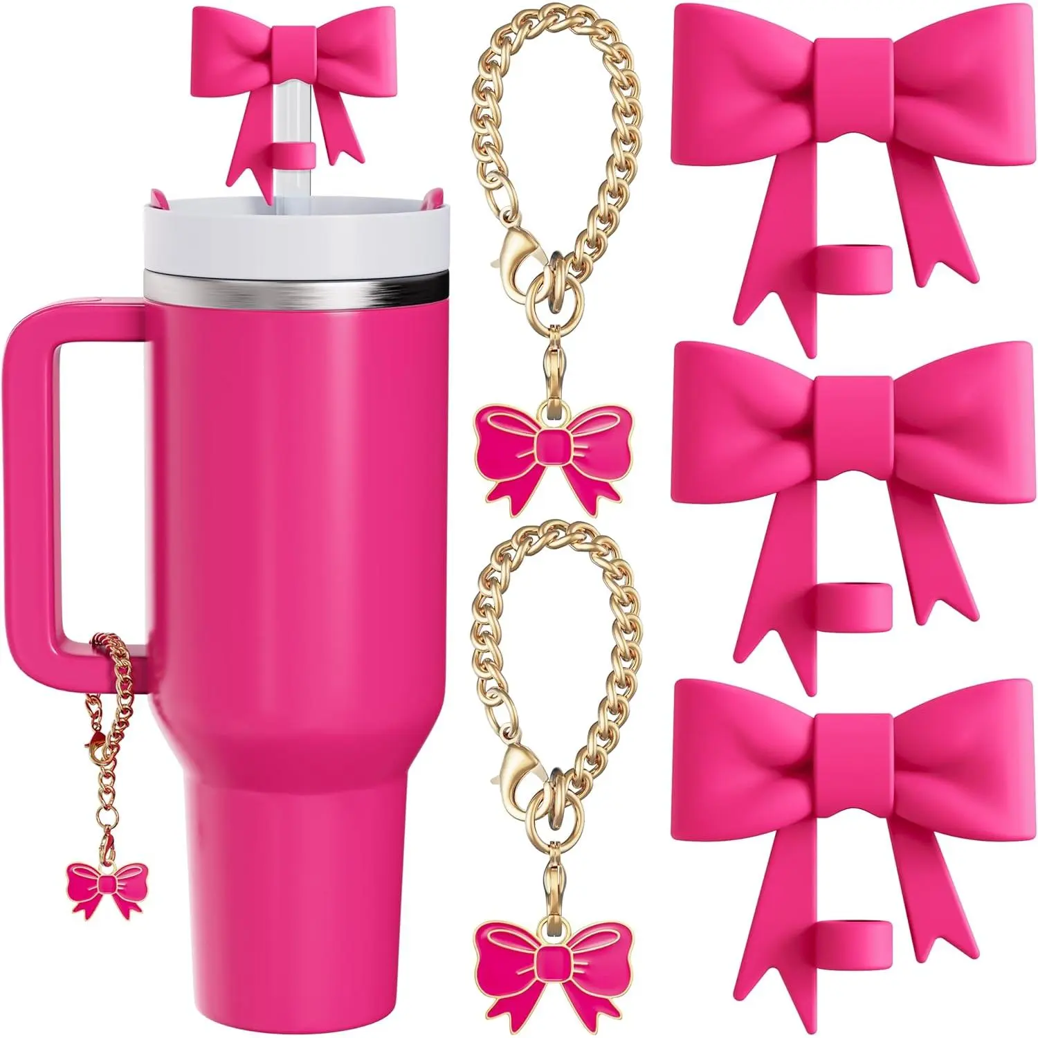 Washable Synthetic Kitchenware Drinkware Accessories Set for 30-40 Oz Cups - Stylish Lightweight Cover, 3 Count 10mm Bow Straw Toppers, 2 Count Rose Red 4.7 In Bow Charm Chains for Camping, Avoid Mix-Ups, 40Oz