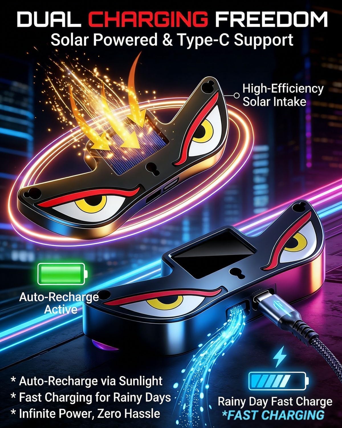 Solar Powered Devil Eyes LED Car Light, Dynamic Windshield Ambient Lamp | Vibration & Light Sensor, USB-C Rechargeable, 5 Dynamic Lighting Modes with security rgb shape heart