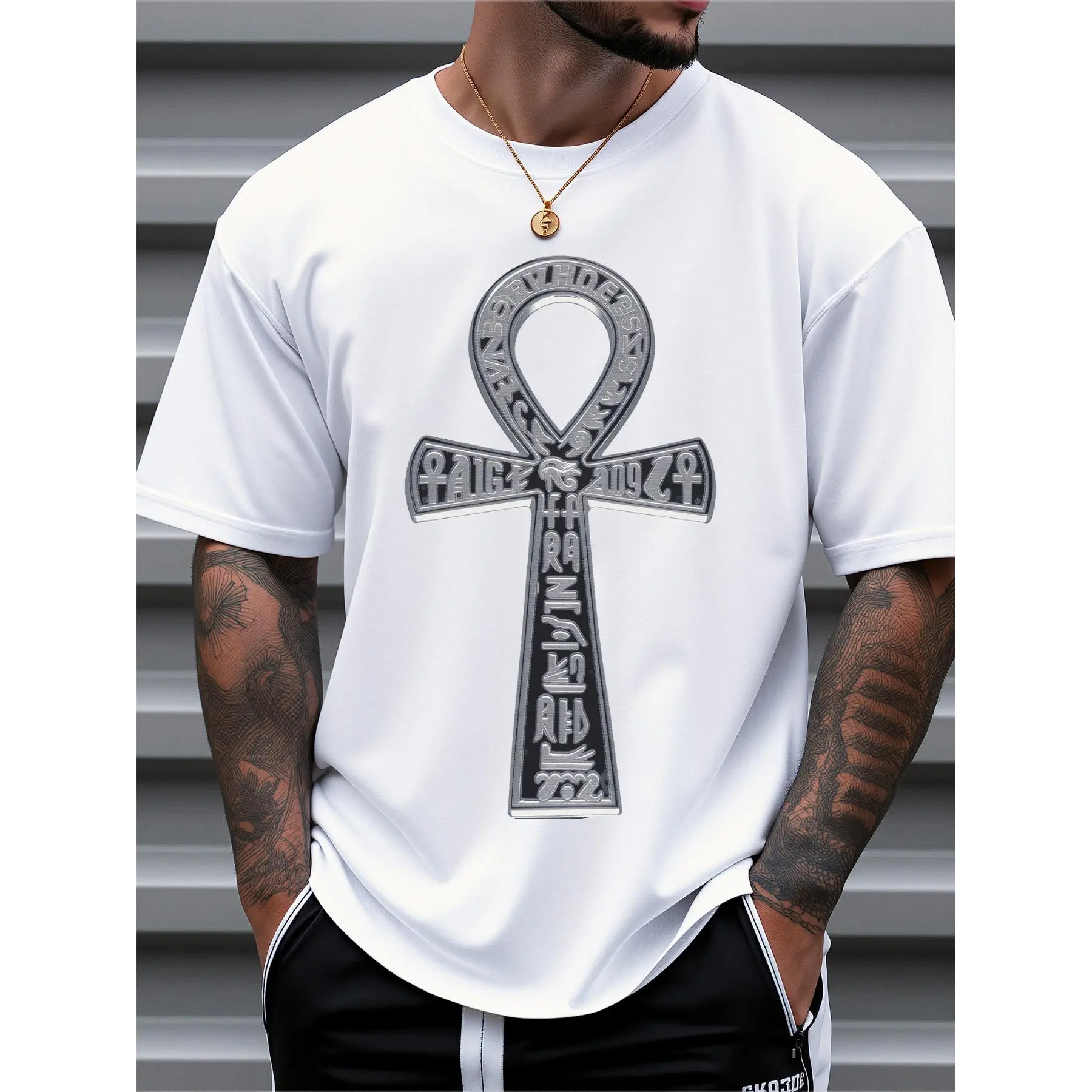 Men'S T-Shirt with Egyptian Ankh Symbol - White, Made Of, Round Neck, Short Sleeves, Suitable for Summer Casual Wear And Outdoor Fitness, Comfortable And Machine Washable