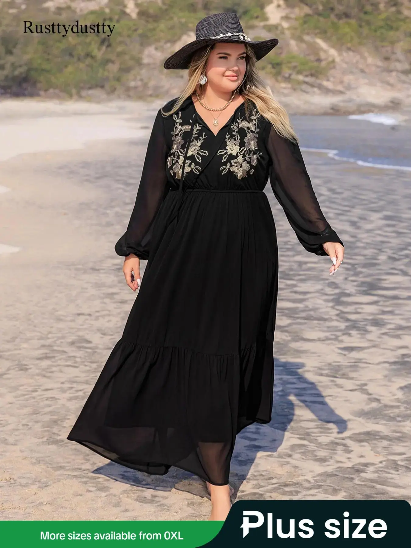 Plus Size Floral Embroidery Contrast Mesh Tie Neck A Line Casual Fashion Loose Dress, Boho Bohemian Bishop Sleeve Long Sleeve Dress for Beach Holiday Vacation, Women's Clothes for All Seasons - TikTok Plus Size Floral Embroidery Contrast Mesh Tie Neck A Line Casual Fashion Loose Dress, Boho Bohemian Bishop Sleeve Long Sleeve Dress for Beach Holiday Vacation, Women's Clothes for All Seasons - TikTok