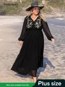 Plus Size Floral Embroidery Contrast Mesh Tie Neck A Line Casual Dress, Boho Bohemian Bishop Sleeve Long Sleeve Dress for Beach Holiday Vacation, Women's Clothes for All Seasons