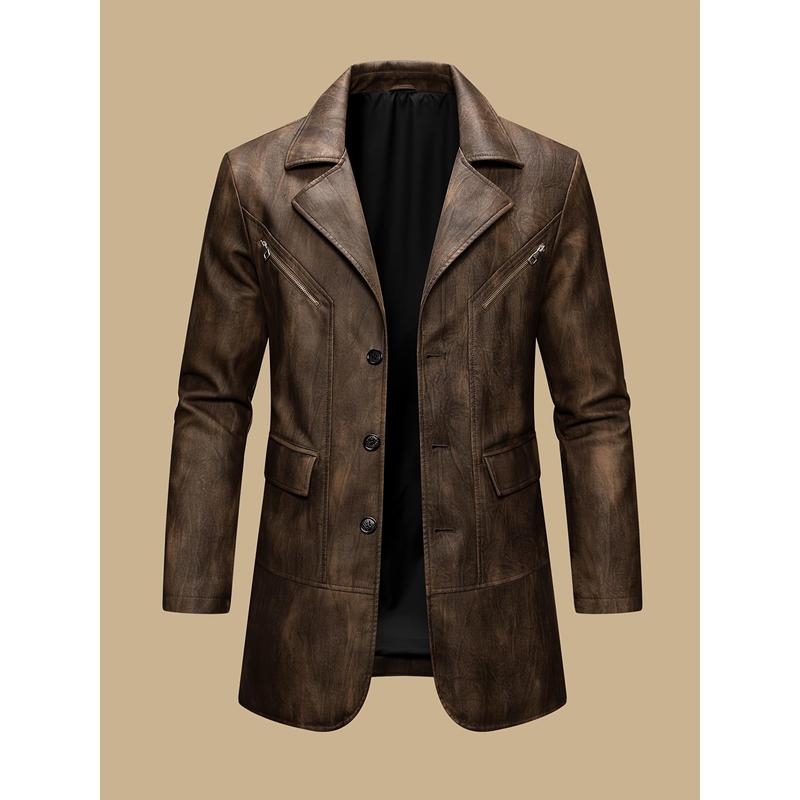 Autumn and winter men's overcoats, British industrial style PU long-neck suit jackets, retro motorcycle jackets, mid-length classic business casual gentleman's formal wear, riding style windproof jackets, designer's new high-end aged fabric, trendy b